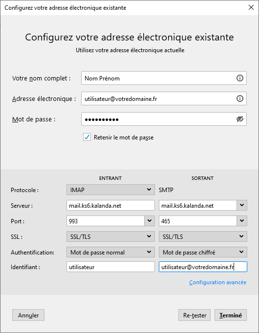 Configuration messagerie avec sécurité SSL/TLS